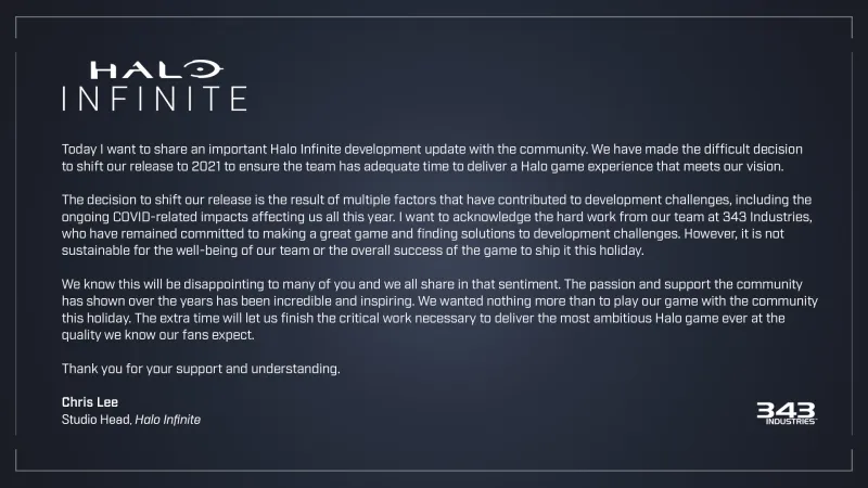 Halo Infinite Delays Into 2021
