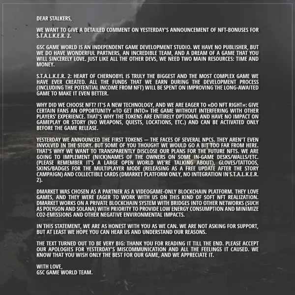 [UPDATE] Stalker 2 Developer Announces Removal Of ‘Metahuman’ NFT That Would Have Appeared As In-Game NPC