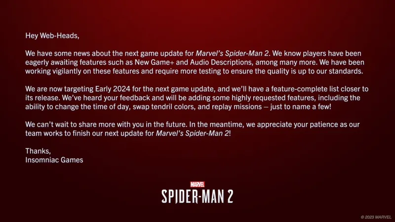 Marvel's Spider-Man 2 New Game Plus, Audio Descriptions Delayed To Next Year