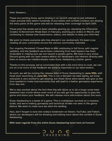 Dune: Awakening Delayed To June