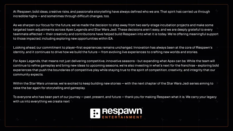 UPDATE: Respawn Suffers Layoffs Amid Team Adjustments, Cancels Two Early Projects Including A Titanfall Game
