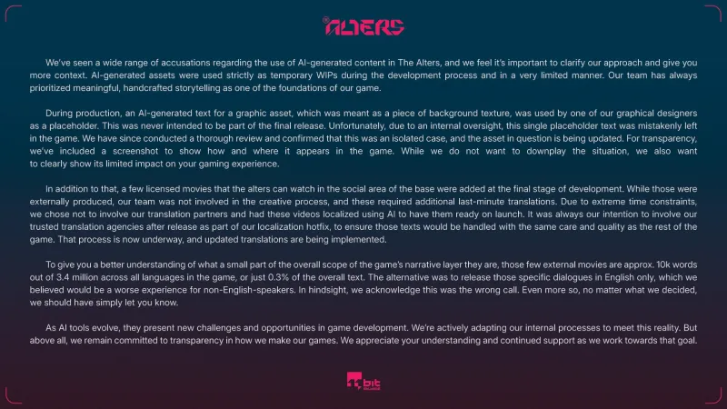 11Bit Studios Responds To The Alters Generative AI Controversy