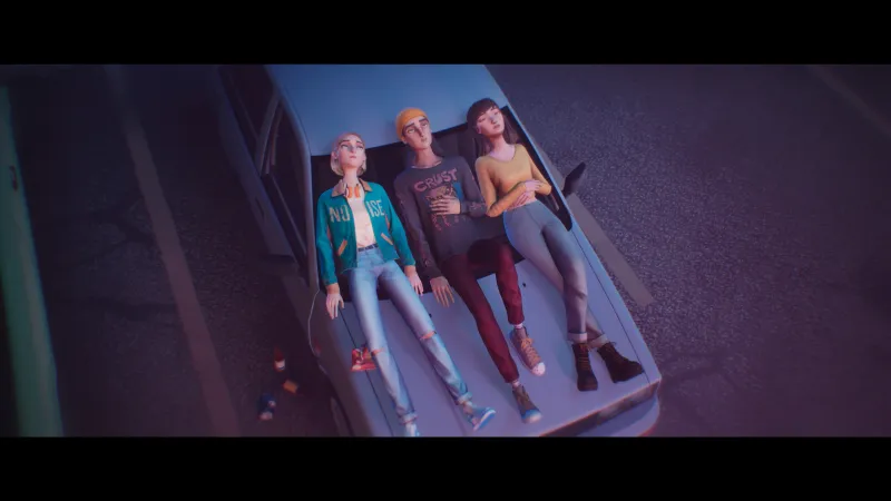 Rockford, Slater, and Cassandra drunkenly stargaze on the hood of a car.