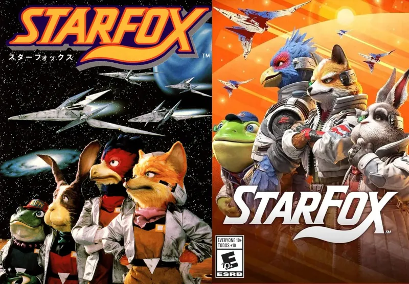 The Japanese box art for Star Fox (1993) on Super Famicom and the keyart for Star Fox (2026) on Switch 2
